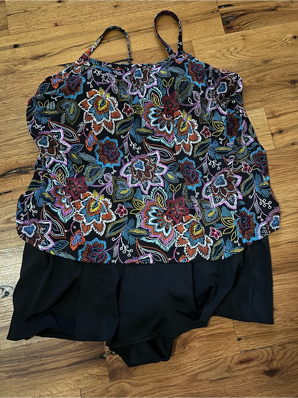 Floral Print Black Tank One-Piece Swim with attached skirt